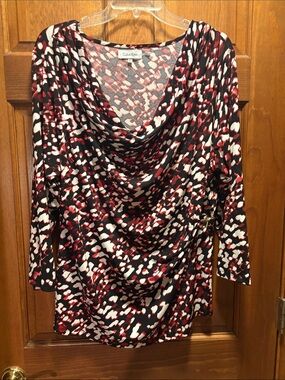 Calvin Klein Red Black White Draped Print Blouse